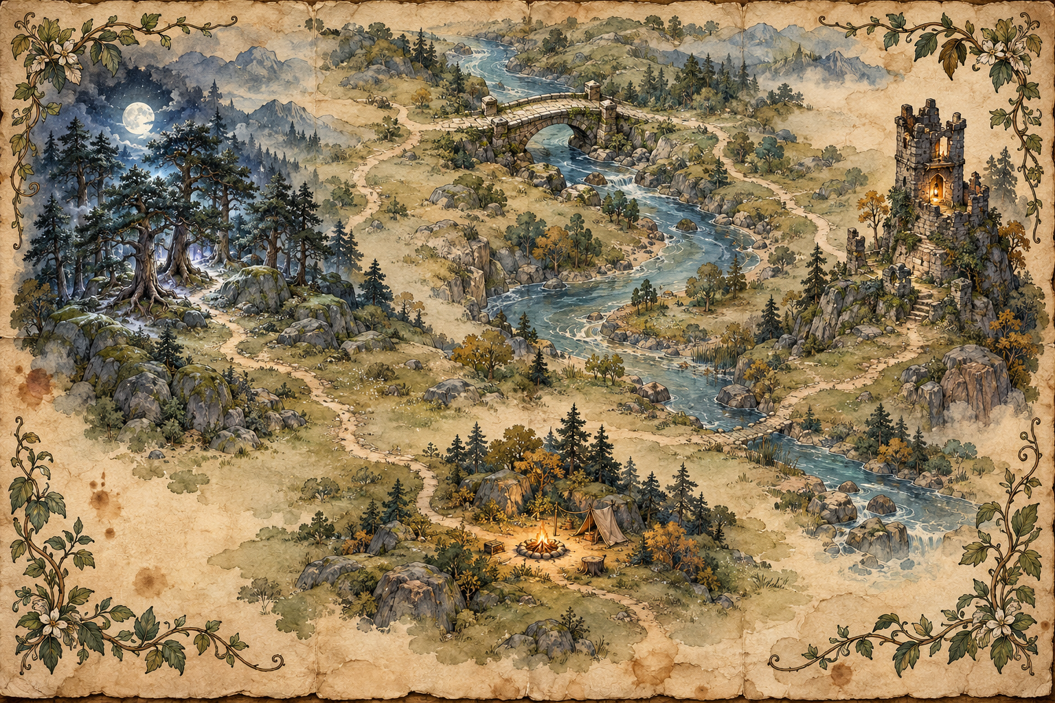 Watercolor parchment map with a moonlit pine grove on the left, an old bridge above, a lantern-lit watchtower on the right, and a campfire below.