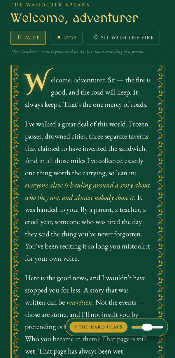 The Wanderer reading a personalized Chronicle aloud